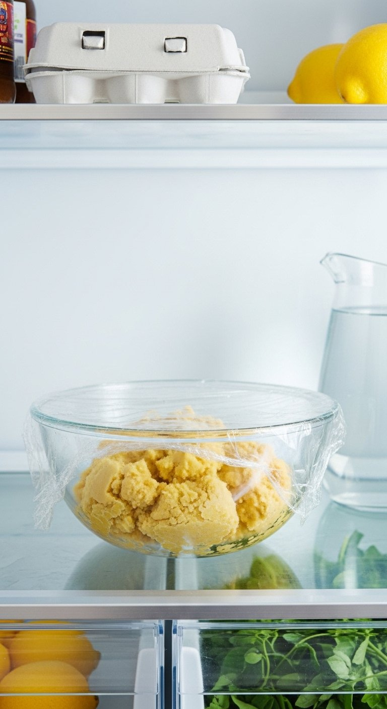 Glass Bowl Of Yellow Lemon Cookie Dough Covered In Plastic Wrap Inside A Modern Refrigerator.