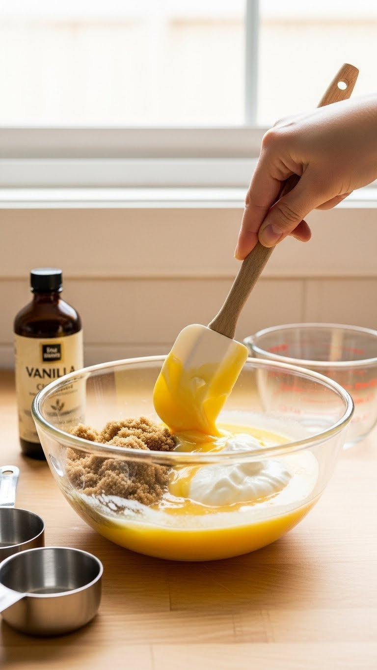 Glass Bowl With Egg Substitute, Sugar, And Vanilla Extract Being Folded With Silicone Spatula