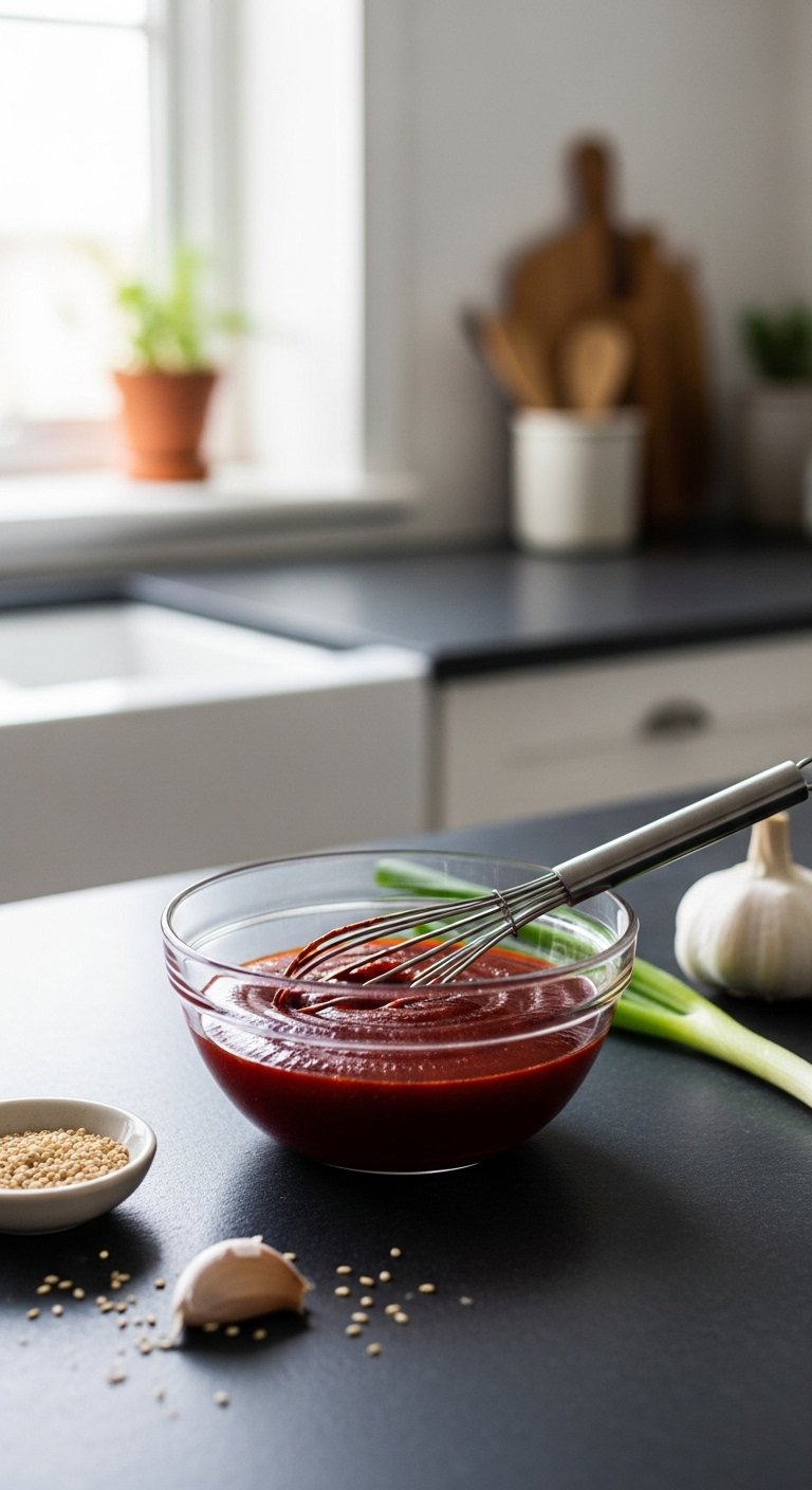 Glass Bowl With Glossy Red Gochujang Sauce Whisked With A Black Metal Whisk On A Dark Slate Countertop.