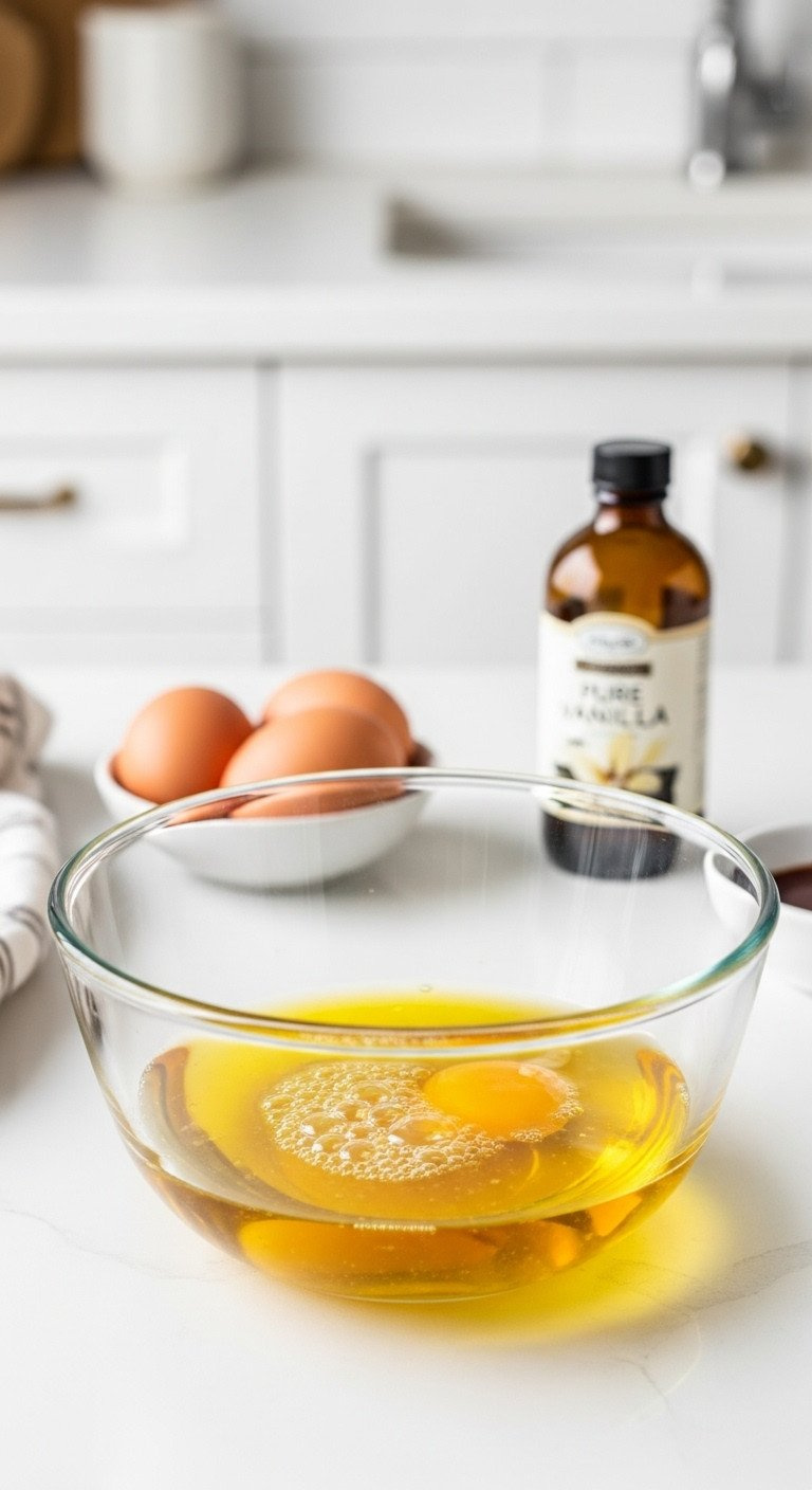 Glass Bowl With Smooth Wet Cake Ingredients: Oil, Eggs, Vanilla. Two Brown Eggs, Extract Bottle On Clean White Countertop.