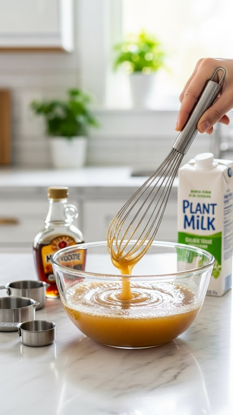 Glass Bowl With Vegan Wet Ingredients Like Maple Syrup And Applesauce Being Whisked Creating Ripples In Golden-Brown Mixture