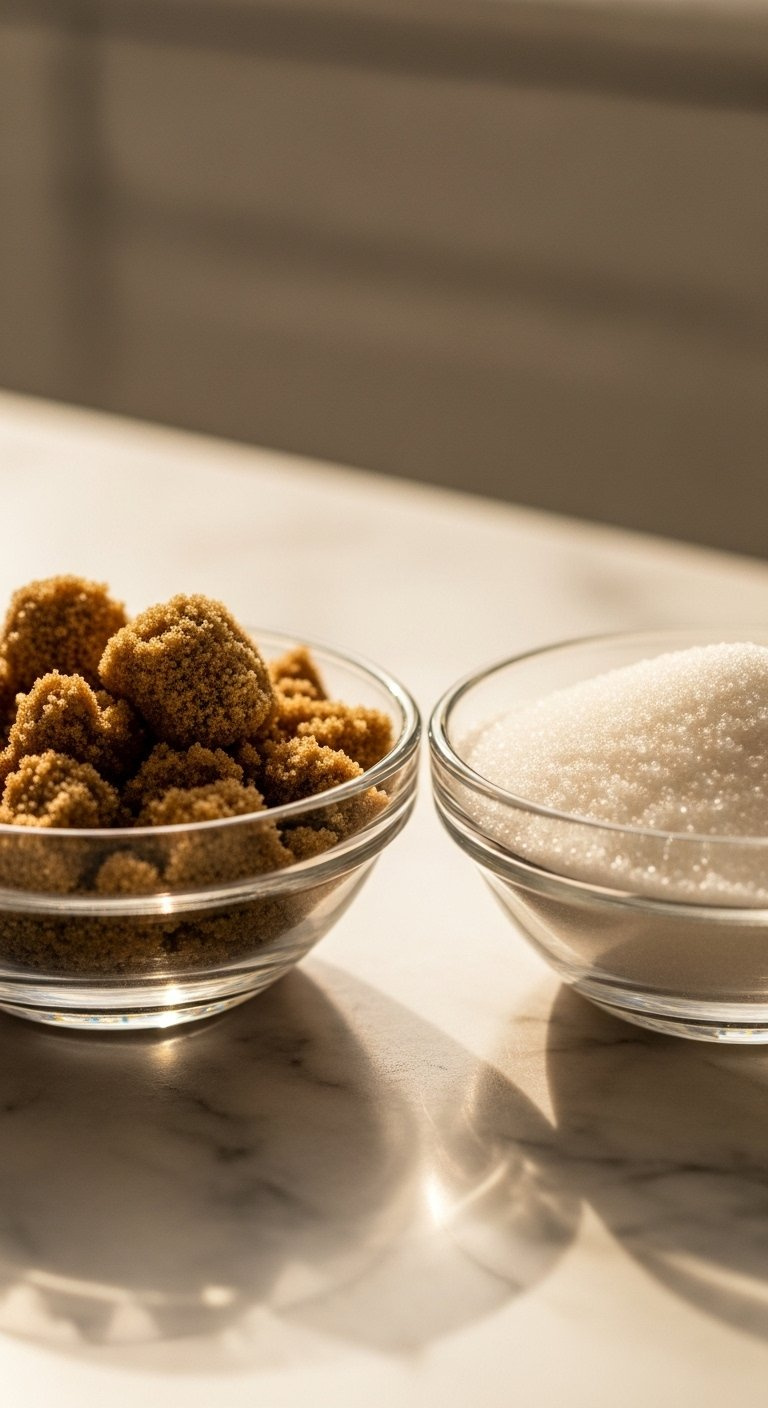 Glass Bowls Containing Moist Dark Brown Sugar And White Granulated Sugar On Marble.