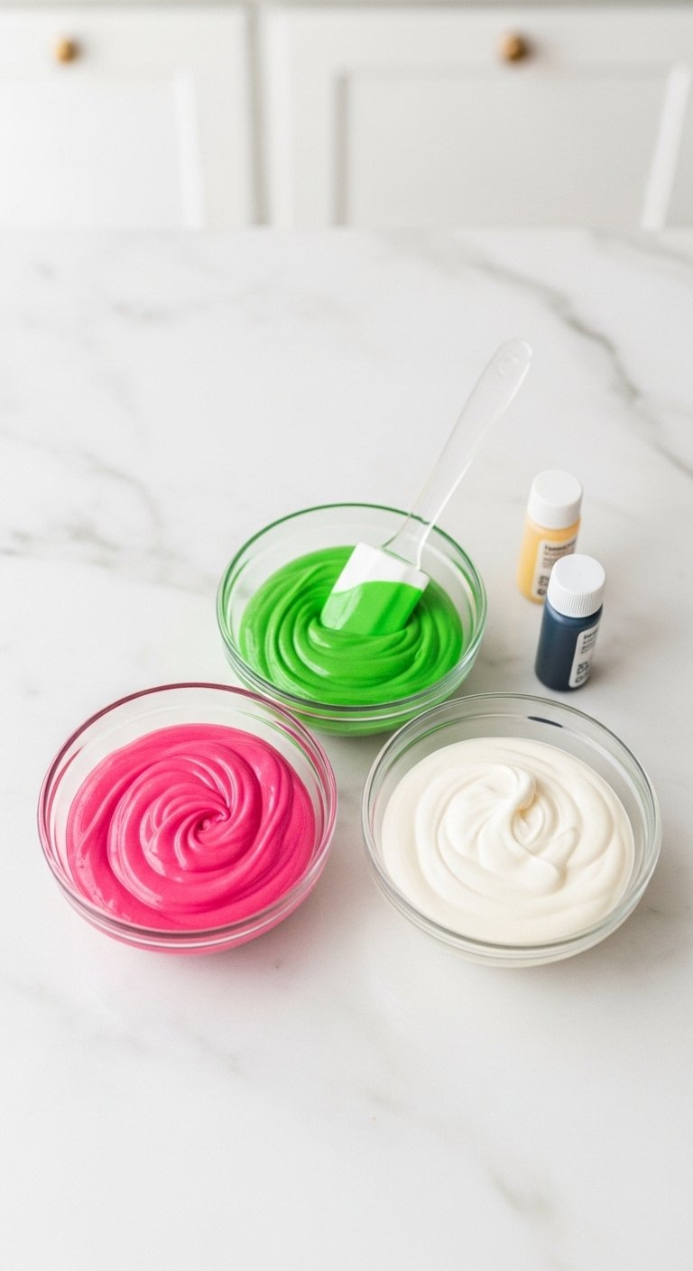 Glass Bowls Filled With Smooth Pink, Green, And White Melted Candy On A White Marble Counter.