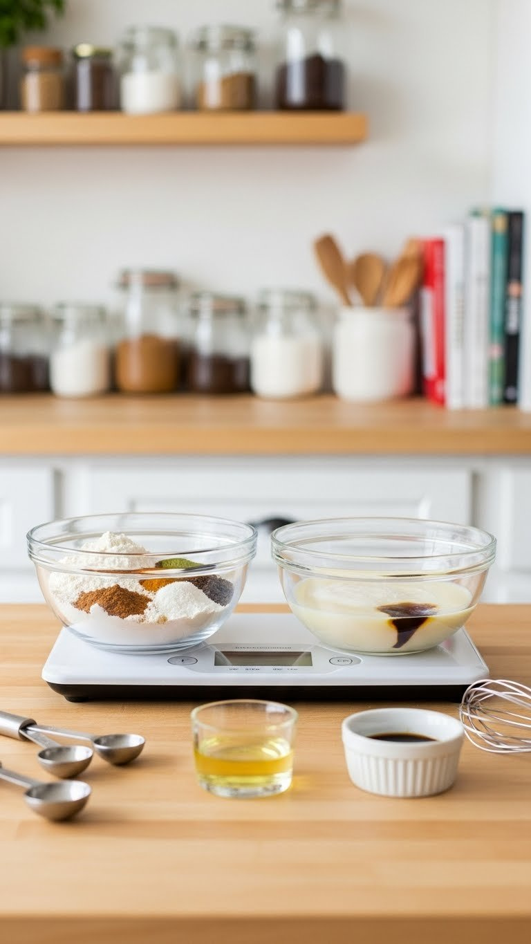 Glass Bowls With Wet And Dry Baking Ingredients Positioned Side-By-Side On Kitchen Scale For Precision Measurement