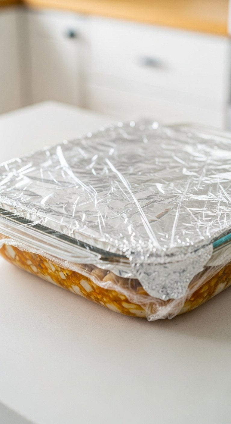 Glass Casserole Dish Filled With Pot Pie Filling Tightly Wrapped In Plastic And Aluminum Foil.