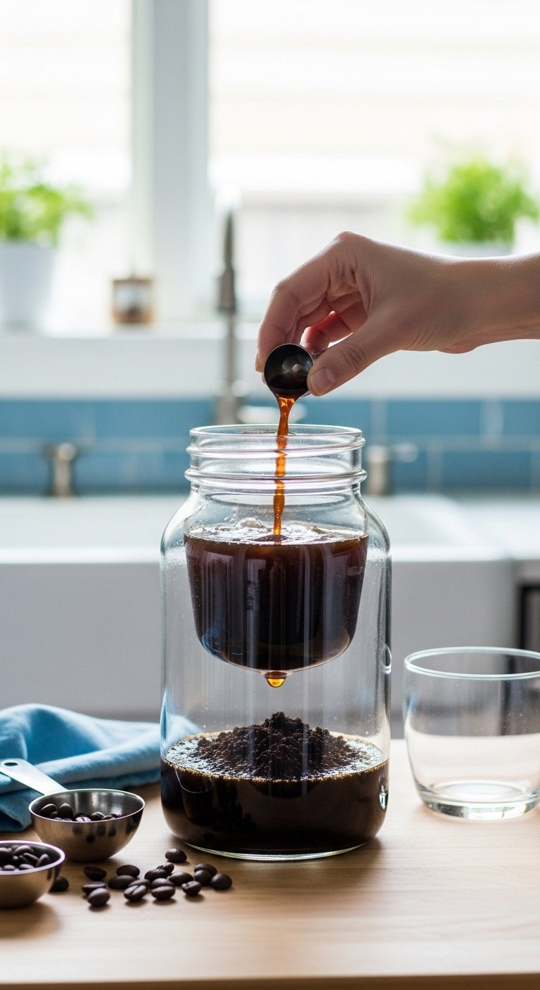 Glass Cold Brew Maker Filled With Steeping Coffee Grounds And Dark Liquid On A Light Wooden Surface.