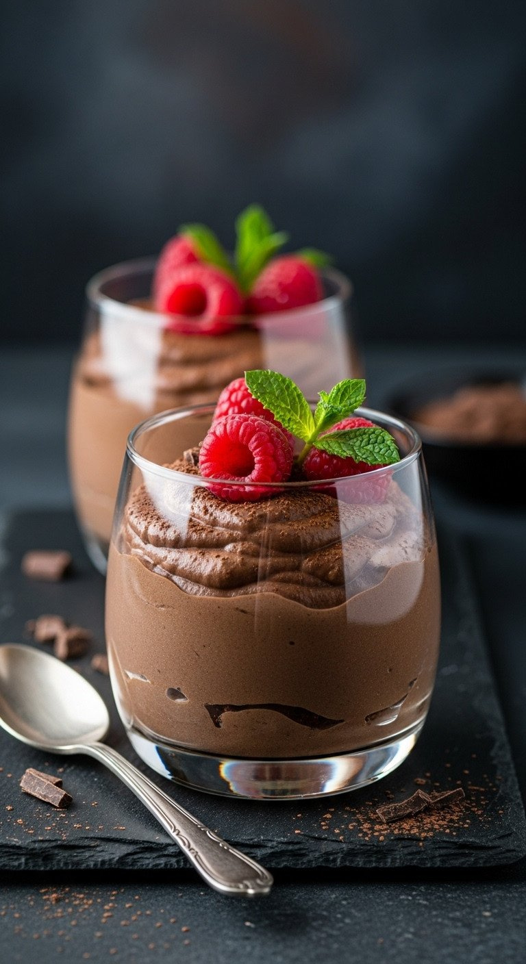 Glass Dish Of Silky Chocolate Avocado Mousse Topped With Fresh Raspberries And Cocoa Powder, Next To A Silver Spoon.