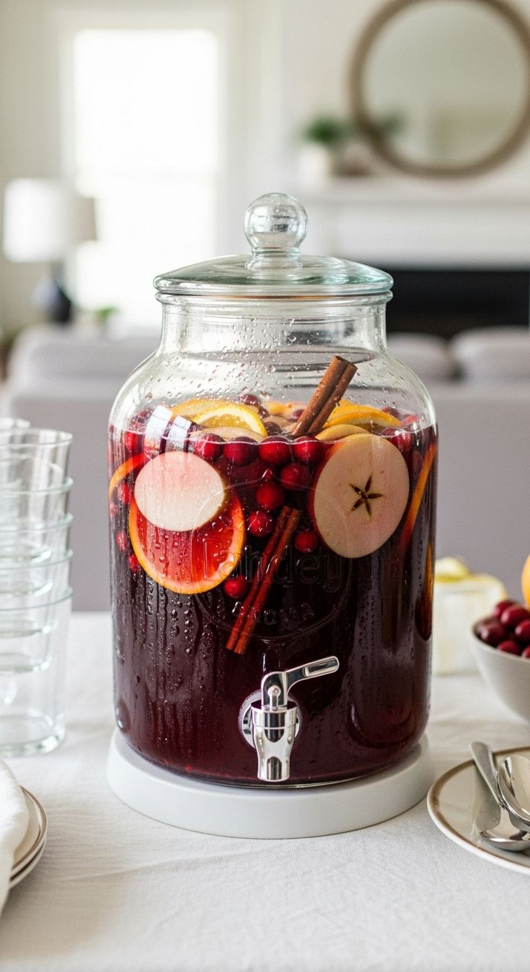Glass Drink Dispenser Filled With Deep Red Festive Cranberry-Apple Sangria With Fruit Slices And Cinnamon Sticks On A Buffet Table In Bright Natural Light