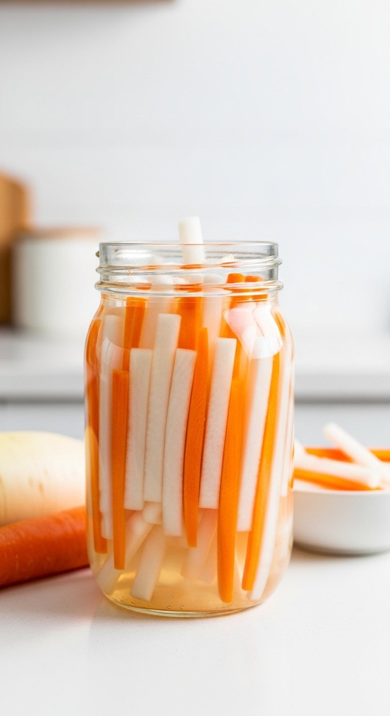 Glass Jar Filled With Pickled Daikon And Carrots Submerged In Clear Liquid On A White Countertop.
