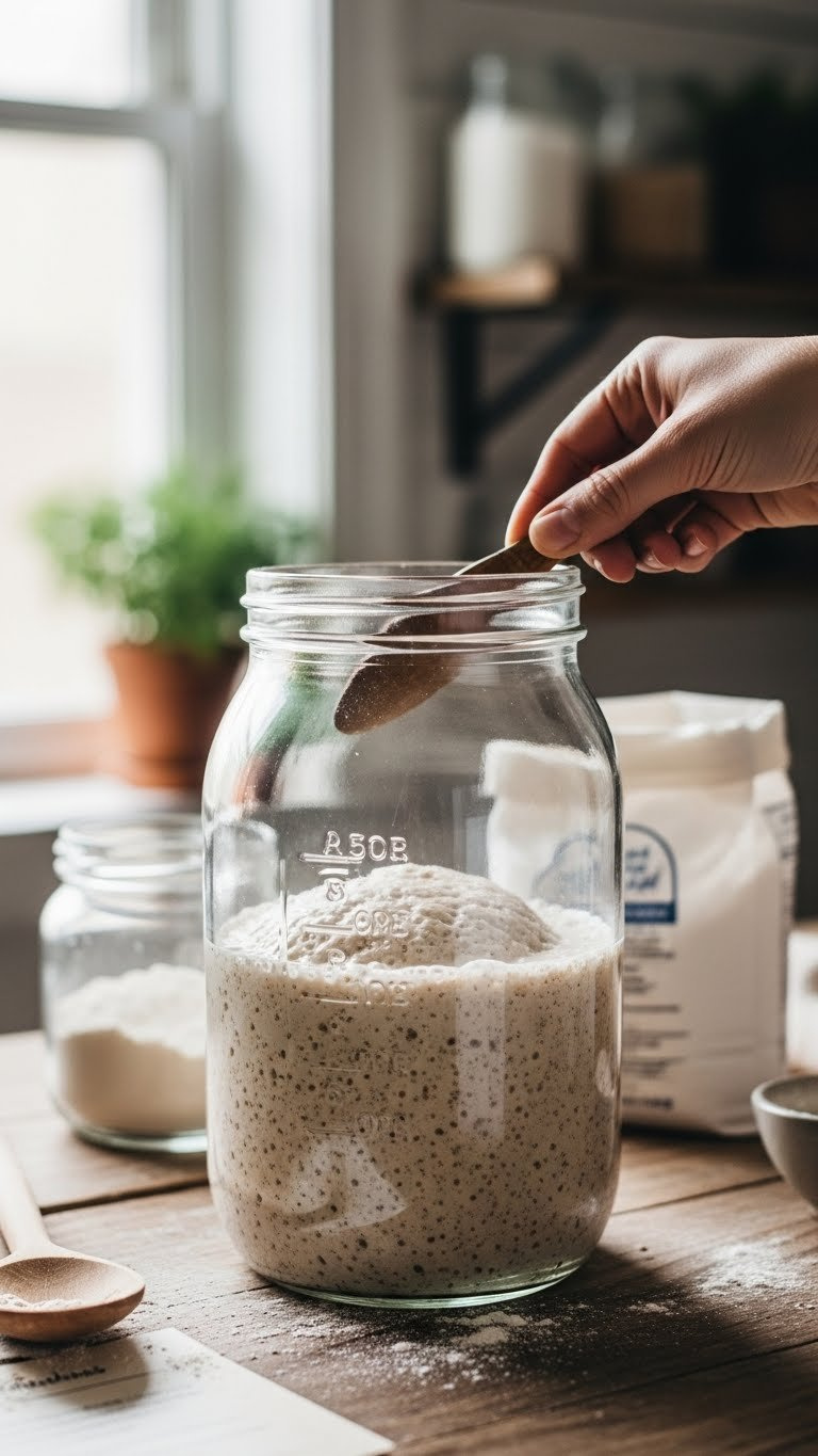 Glass Jar Of Active Sourdough Starter Bubbling With Fermentation Bubbles Against Rustic Kitchen Backdrop With Wooden Spoon
