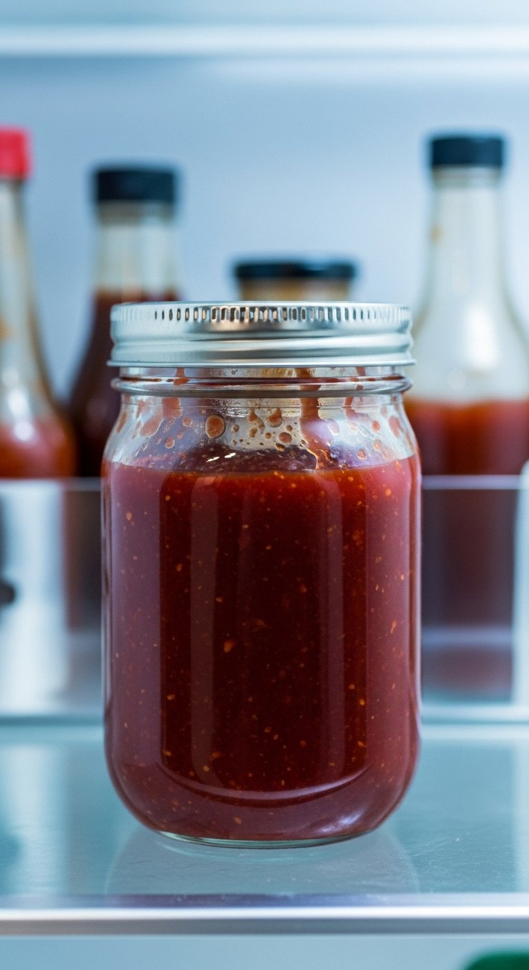 Glass Mason Jar Filled With Rich Red Gochujang Sauce Stored Inside A Refrigerator Door.