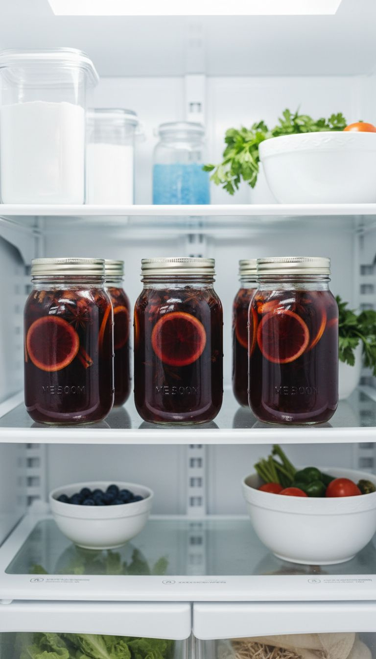 Glass Mason Jars Of Deep-Red Wassail, Securely Capped, Stored Neatly On An Organized Refrigerator Shelf.