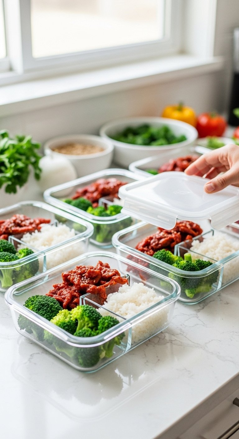 Glass Meal Prep Containers Filled With Gochujang Chicken, Rice, And Broccoli On A White Countertop.