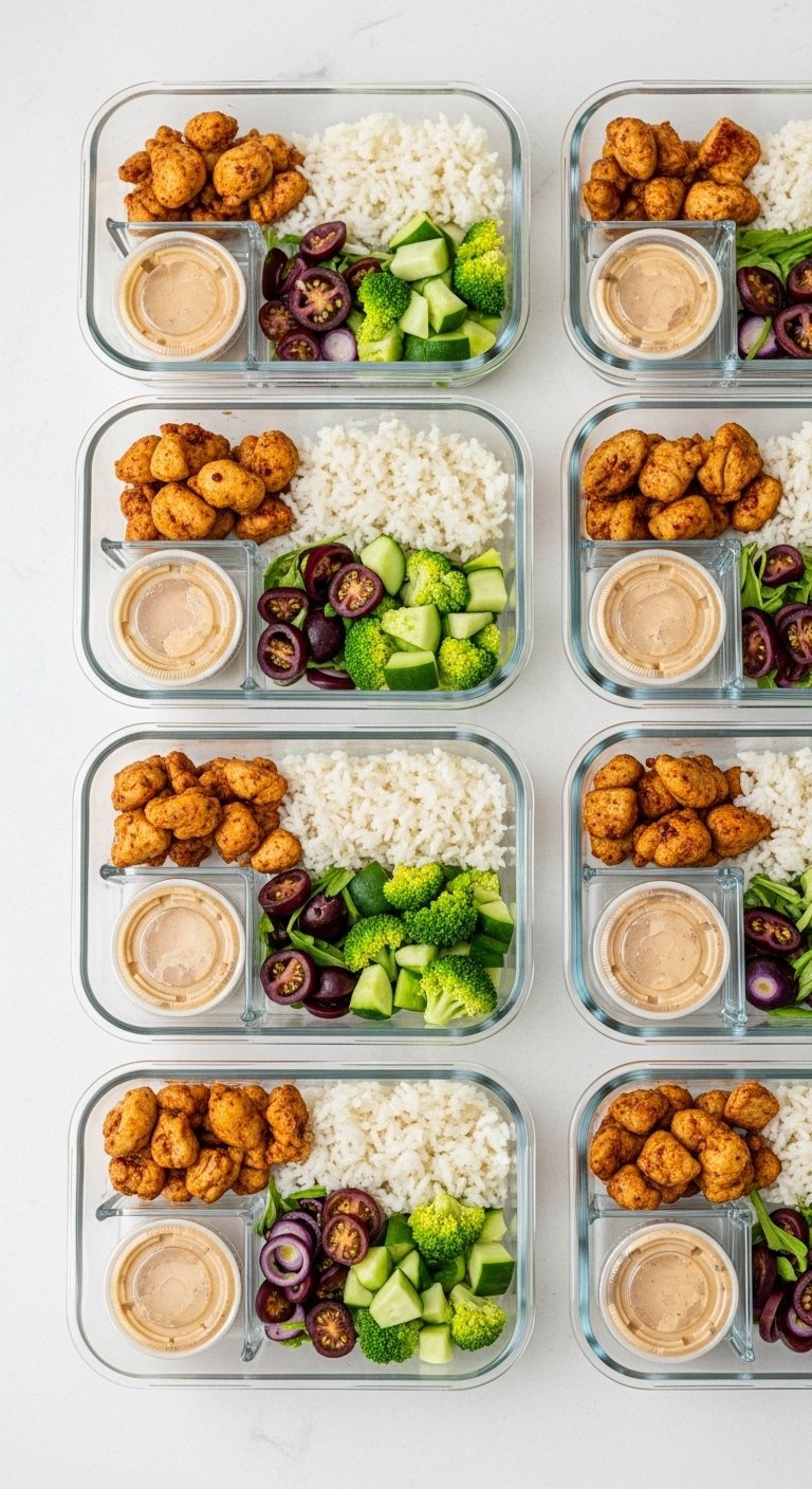 Glass Meal Prep Containers Filled With Rice, Chicken, Vegetables, And Separate Sauce Compartments.