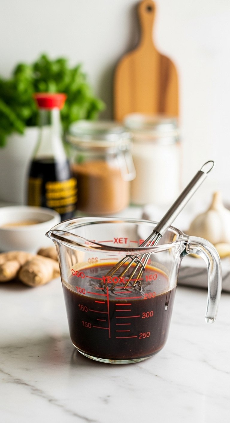 Glass Measuring Cup Filled With Glossy Dark Mongolian Beef Sauce And A Small Whisk On Marble.