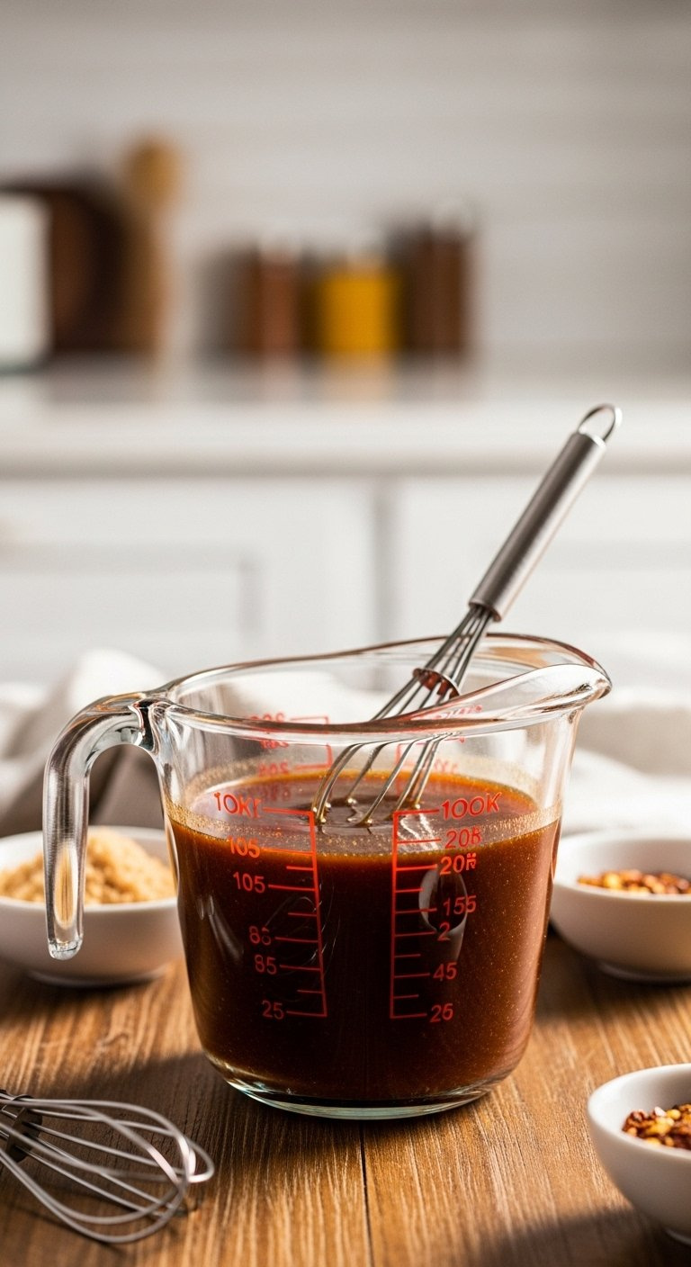 Glass Measuring Cup Filled With Rich Dark Sauce On A Rustic Wooden Table.