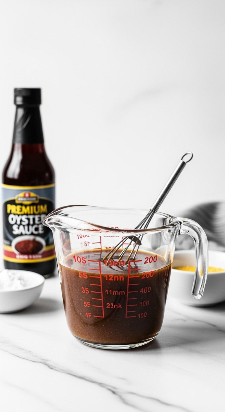 Glass Measuring Cup Filled With Rich Glossy Brown Pepper Steak Sauce And A Whisk On A White Marble Countertop.