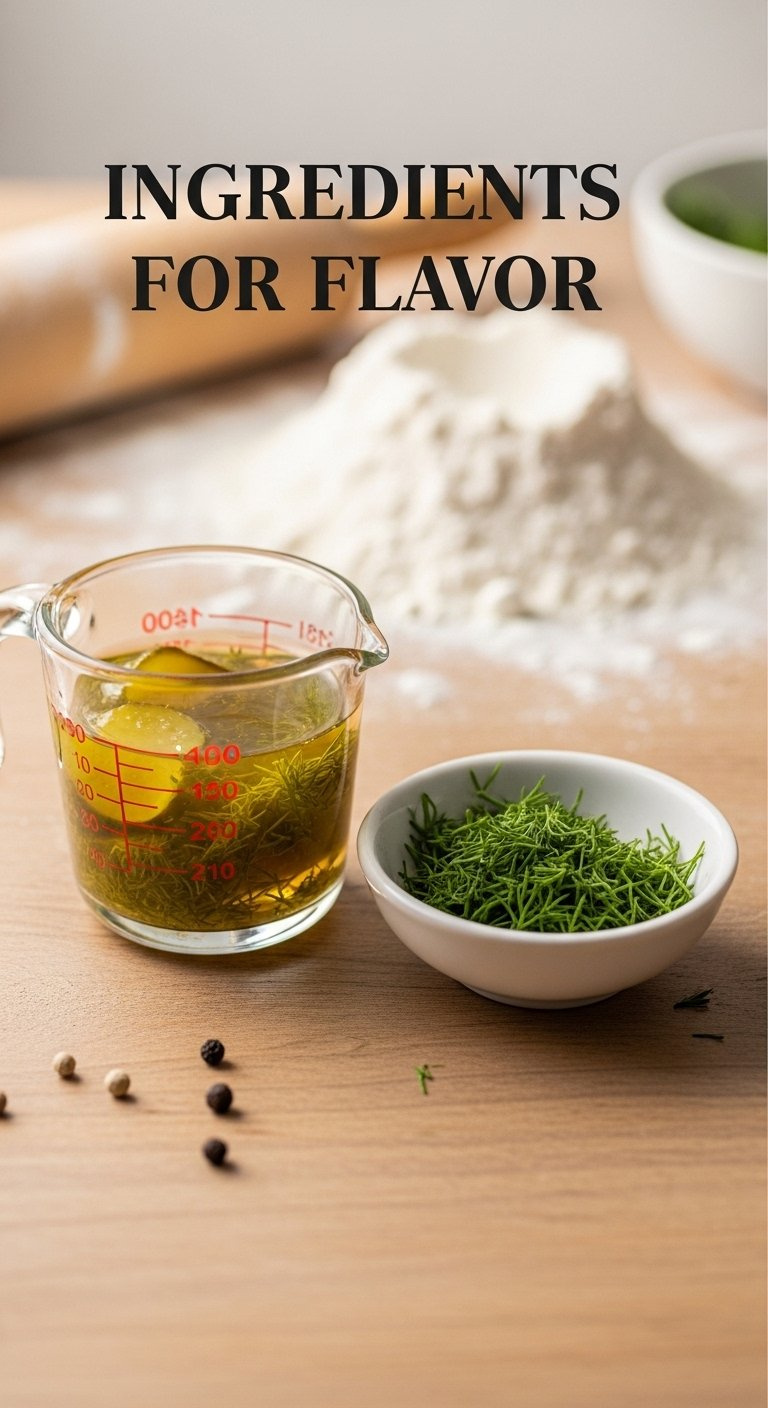 Glass Measuring Cup Of Golden Pickle Brine Paired With A White Bowl Of Chopped Fresh Dill On Wooden Table.