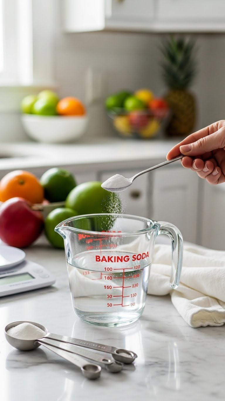 Glass Measuring Cup With Baking Soda Being Precisely Measured While Fresh Fruits Are Neatly Arranged In The Background.