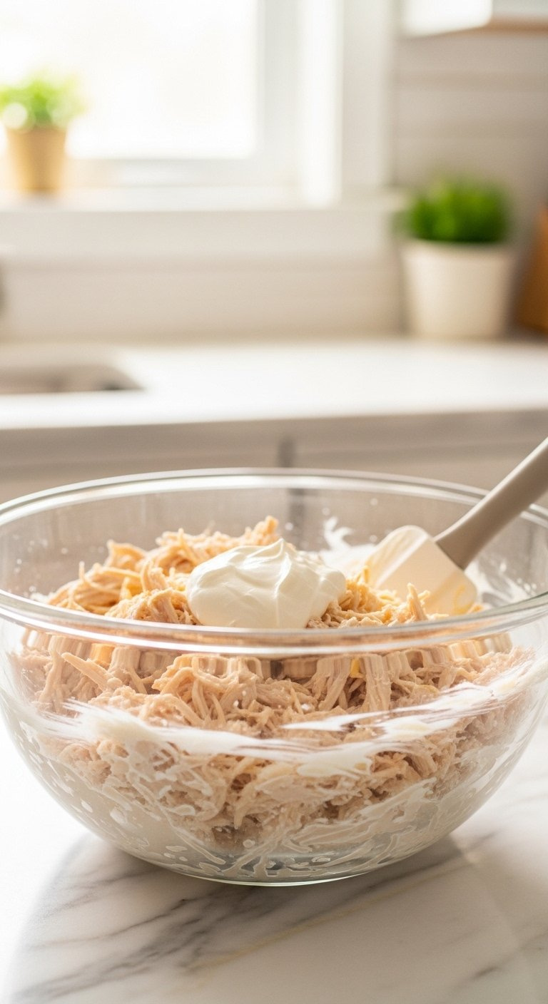 Glass Mixing Bowl Containing Creamy Chicken Filling Mixed With Cheese And Sour Cream.
