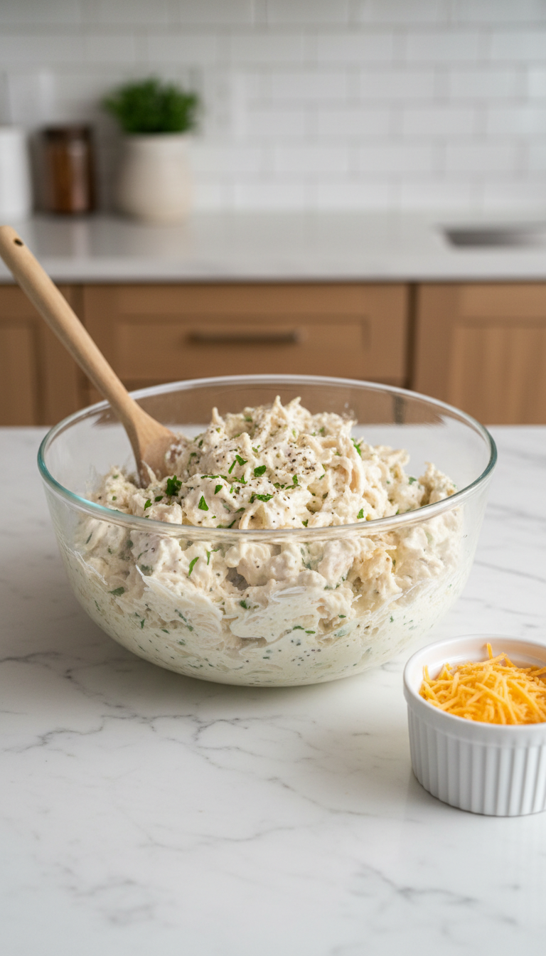Glass Mixing Bowl Filled With Creamy Shredded Chicken Mixture And Parsley On White Marble Counter.