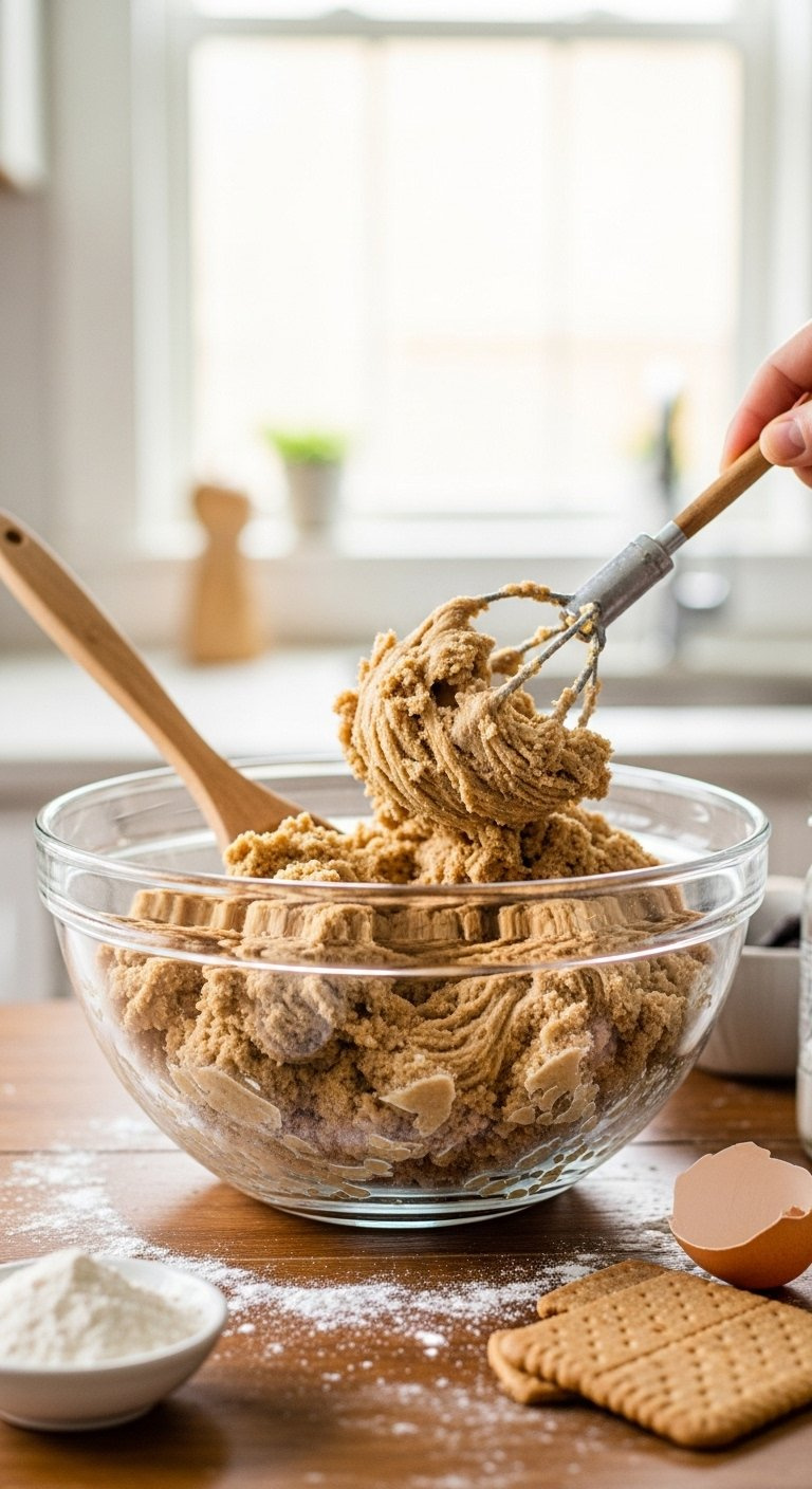 Glass Mixing Bowl Filled With Fresh Graham Cracker Cookie Dough On A Rustic Wooden Table.
