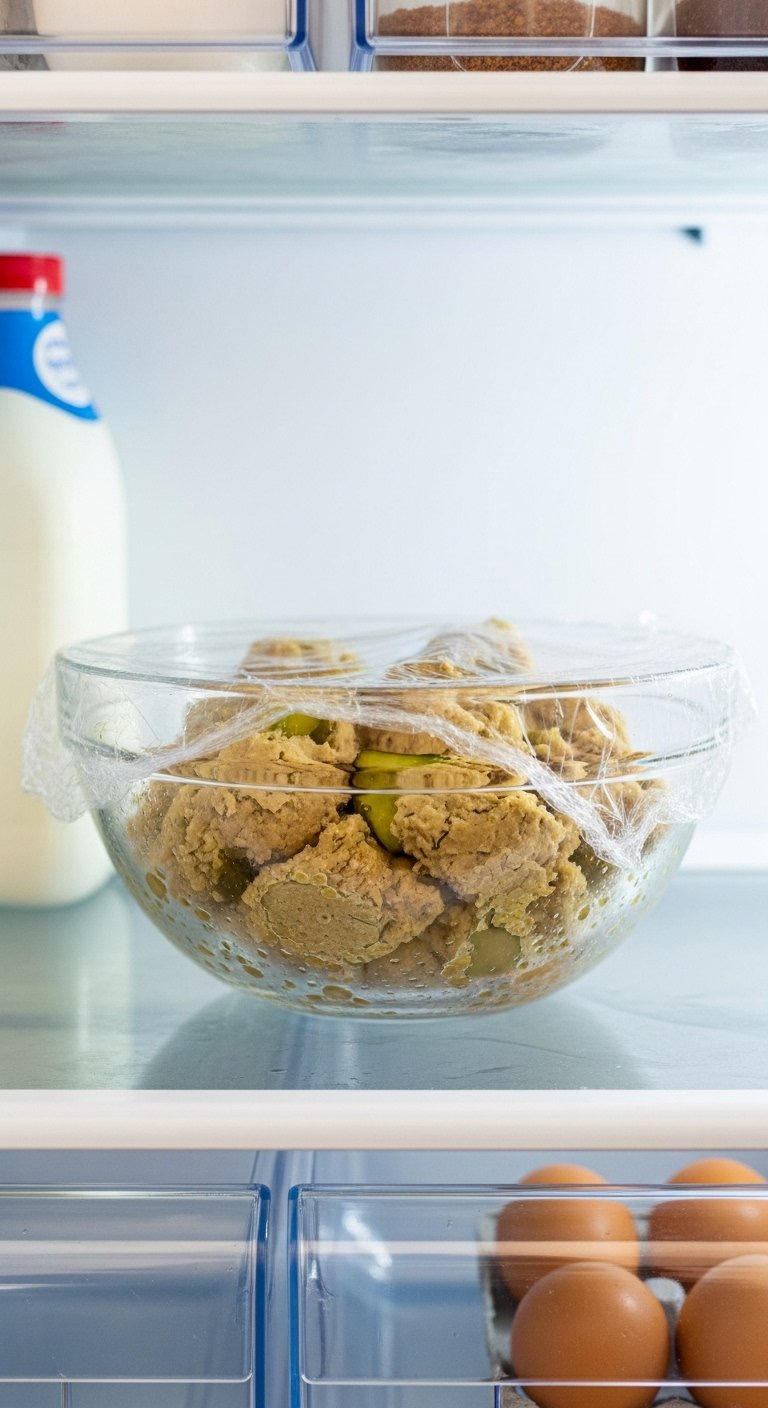 Glass Mixing Bowl Filled With Pickle Cookie Dough Covered In Clear Plastic Wrap Resting Inside A Refrigerator.