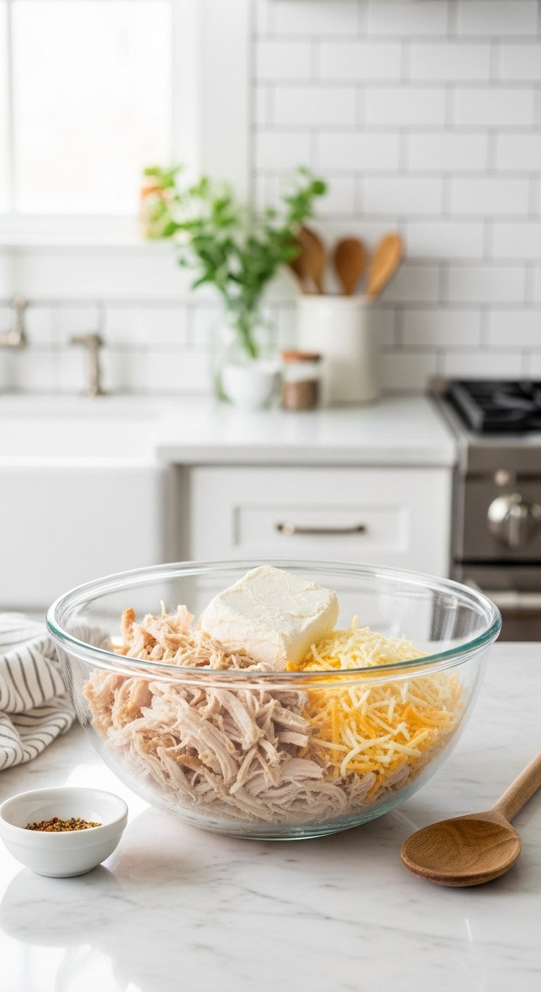 Glass Mixing Bowl Filled With Shredded Chicken, Cream Cheese, And Monterey Jack Cheese On A Marble Countertop.