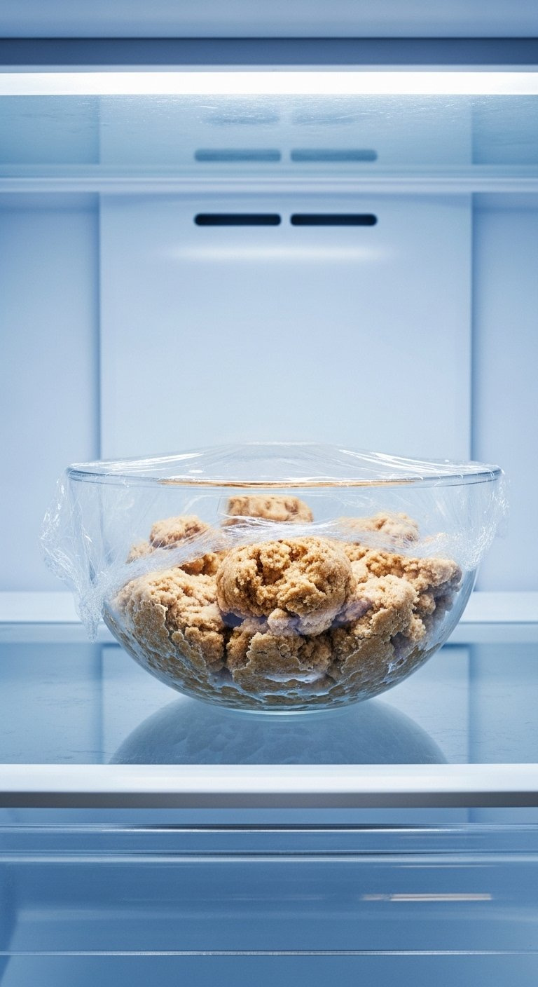 Glass Mixing Bowl Filled With Snickerdoodle Dough Covered In Plastic Wrap Inside A Modern Refrigerator.