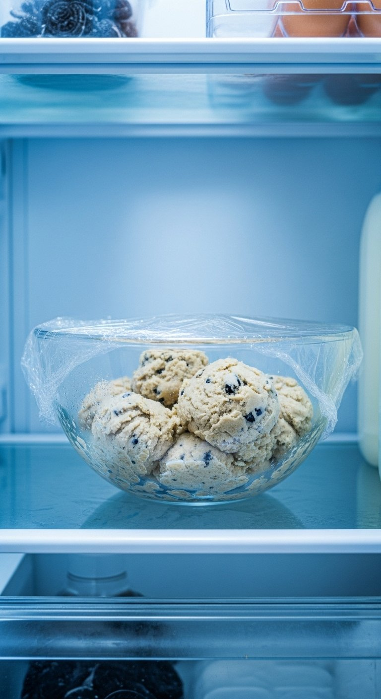 Glass Mixing Bowl Of Cookies And Cream Dough Covered In Plastic Wrap Chilling In A Modern Refrigerator.