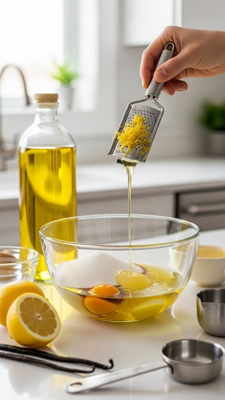 Glass Mixing Bowl With Emulsified Lemon Zucchini Bread Wet Ingredients Including Eggs And Oil On Kitchen Counter