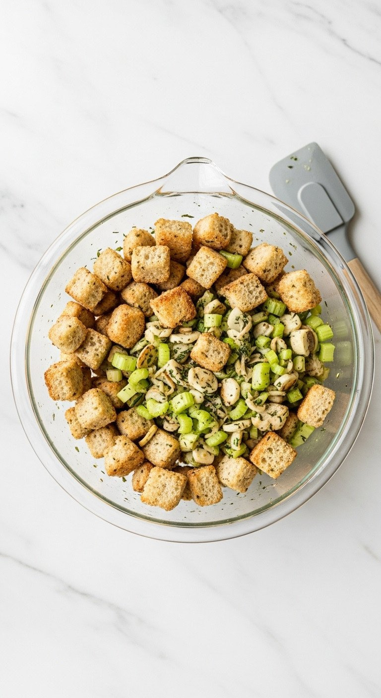 Glass Mixing Bowl With Toasted Gluten-Free Bread Cubes And Sautéed Vegetables, A Colorful Stuffing Mixture, Ready For Liquid.