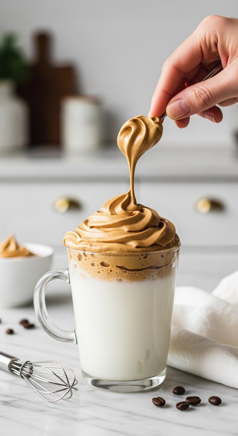 Glass Mug Filled With Milk Topped With Thick Caramel-Colored Whipped Dalgona Coffee Foam On Marble Countertop.