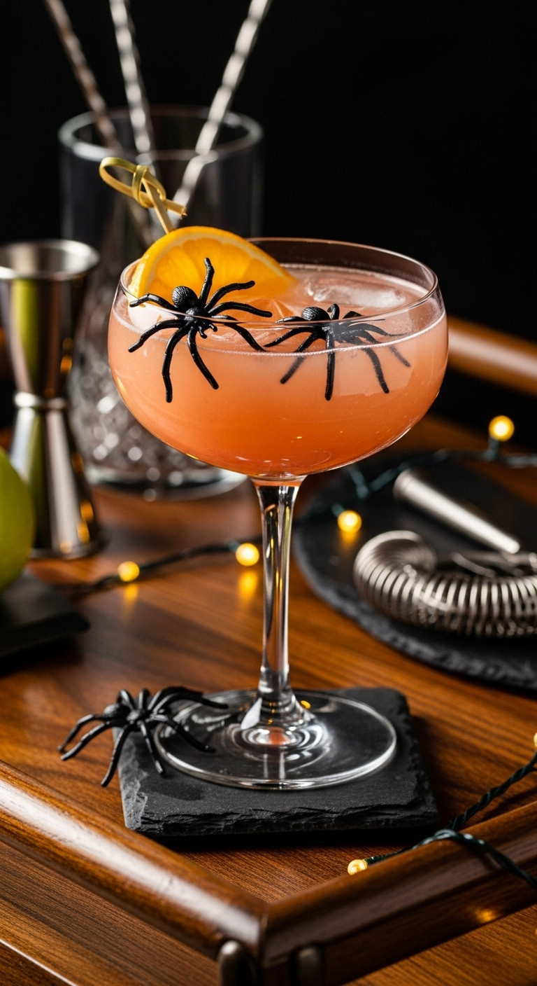 Glass Of Guava Jungle Juice With Black Plastic Spiders And Orange Slice Garnish Perfect For Spooky Bar Cart Recipes