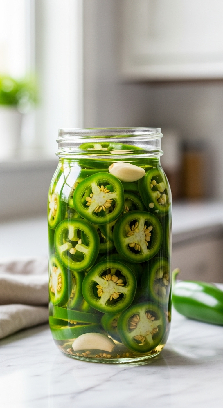 Glass Pint Jar Filled With Vibrant Green Pickled Jalapeño Rings And Garlic Cloves On A Marble Countertop With A Napkin And Fresh Pepper