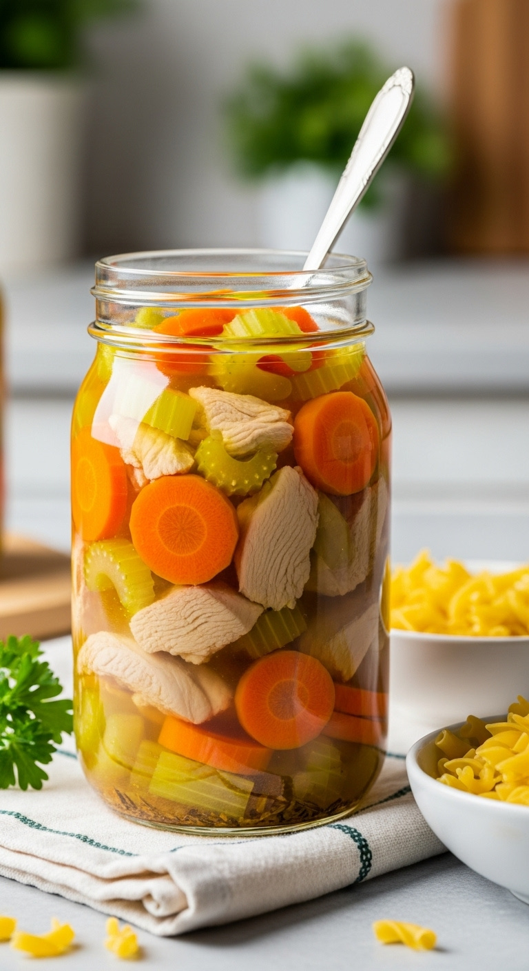 Glass Pint Jar Of Chicken Soup Base With Chicken Carrots And Celery In Golden Broth On A Kitchen Towel With Parsley And Noodles
