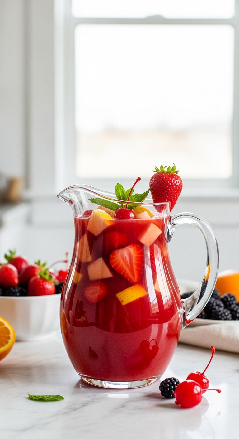 Glass Pitcher Of Reddish Orange Jungle Juice With Alcohol Soaked Strawberries Apple Chunks And Maraschino Cherries Perfect For Recipes