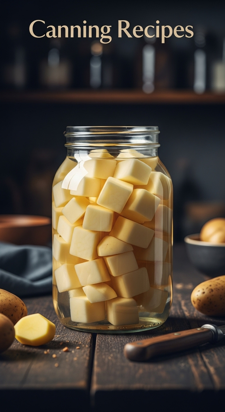 Glass Quart Jar Of Uniform Cubed Canned Potatoes In Clear Water On A Dark Wooden Table With Whole Potatoes And Vintage Knife