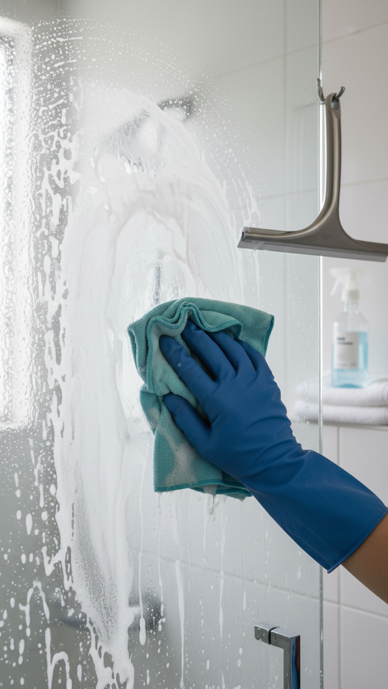 Glass Shower Door Transformation With Soap Scum Removal, Showing Hazy Versus Sparkling Clean Sections With Blue Glove Wiping.