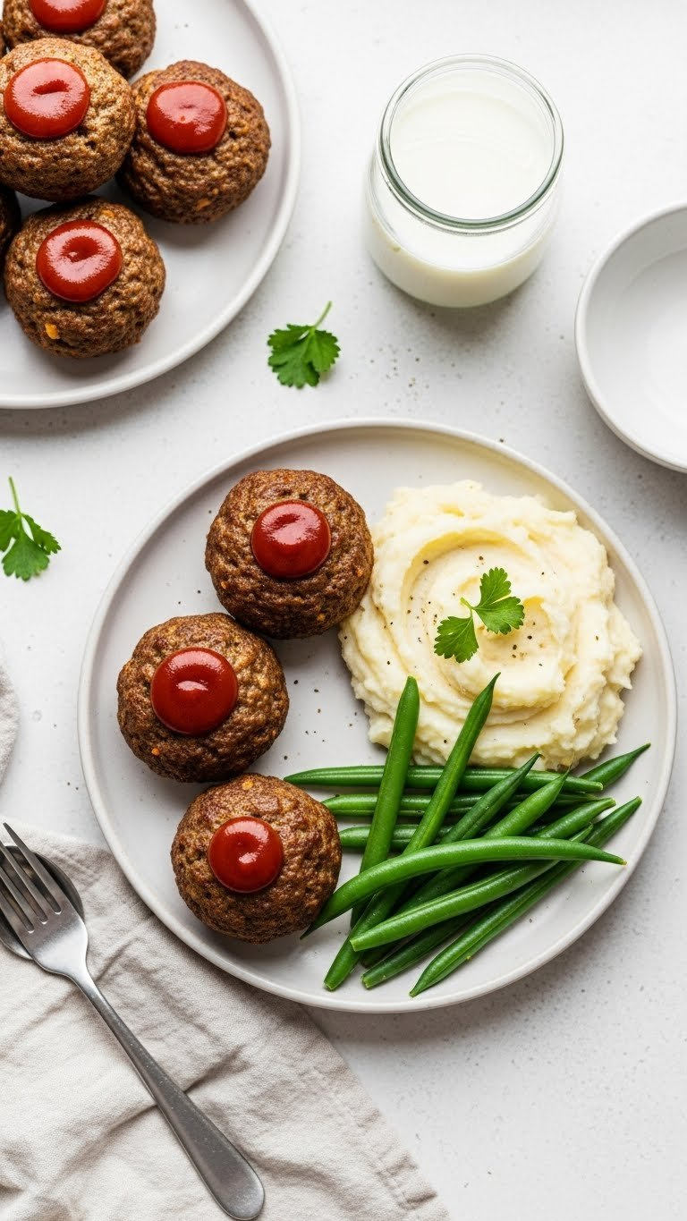 Glazed Instant Pot Mini Meatloaf Bites With Mashed Potatoes For Toddlers, Served On A Light Plate With A White Tablecloth.