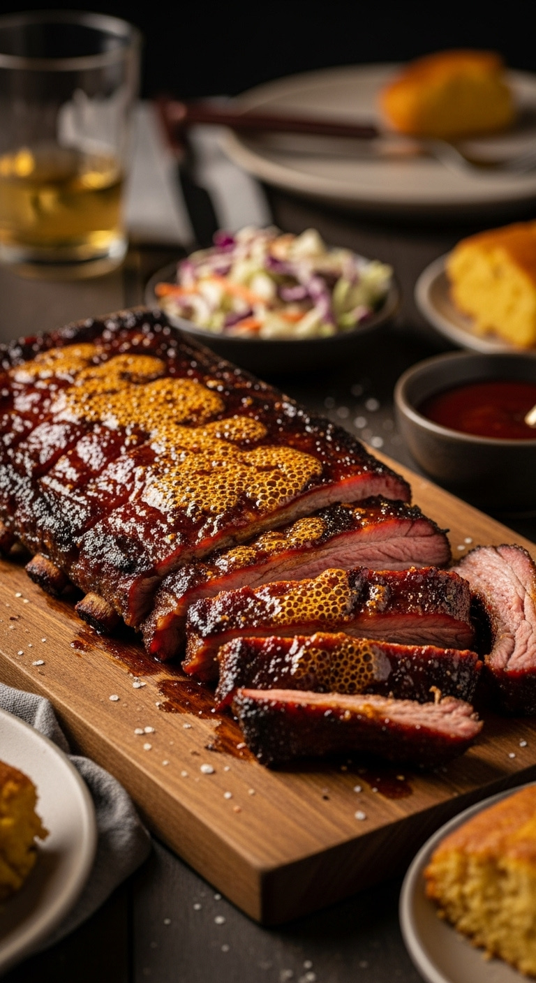 Glazed And Broiled Instant Pot Ribs Sliced On A Wooden Board With Bbq Sauce Coleslaw And Cornbread