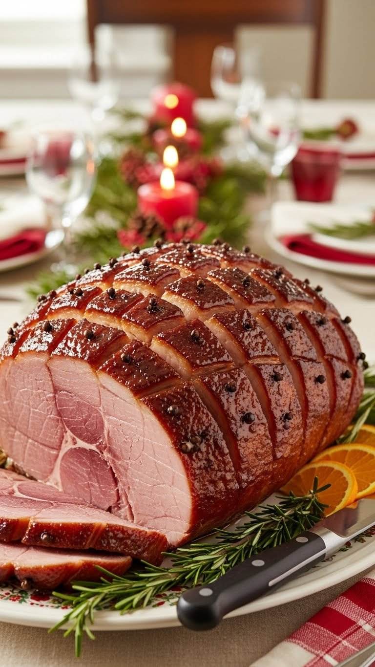Glazed Baked Ham With Brown Sugar Crust And Cloves Presented On Festive Serving Platter