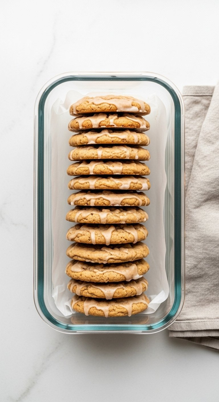 Glazed Coffee Cake Cookies Stored In Clear Glass Airtight Container On Counter.