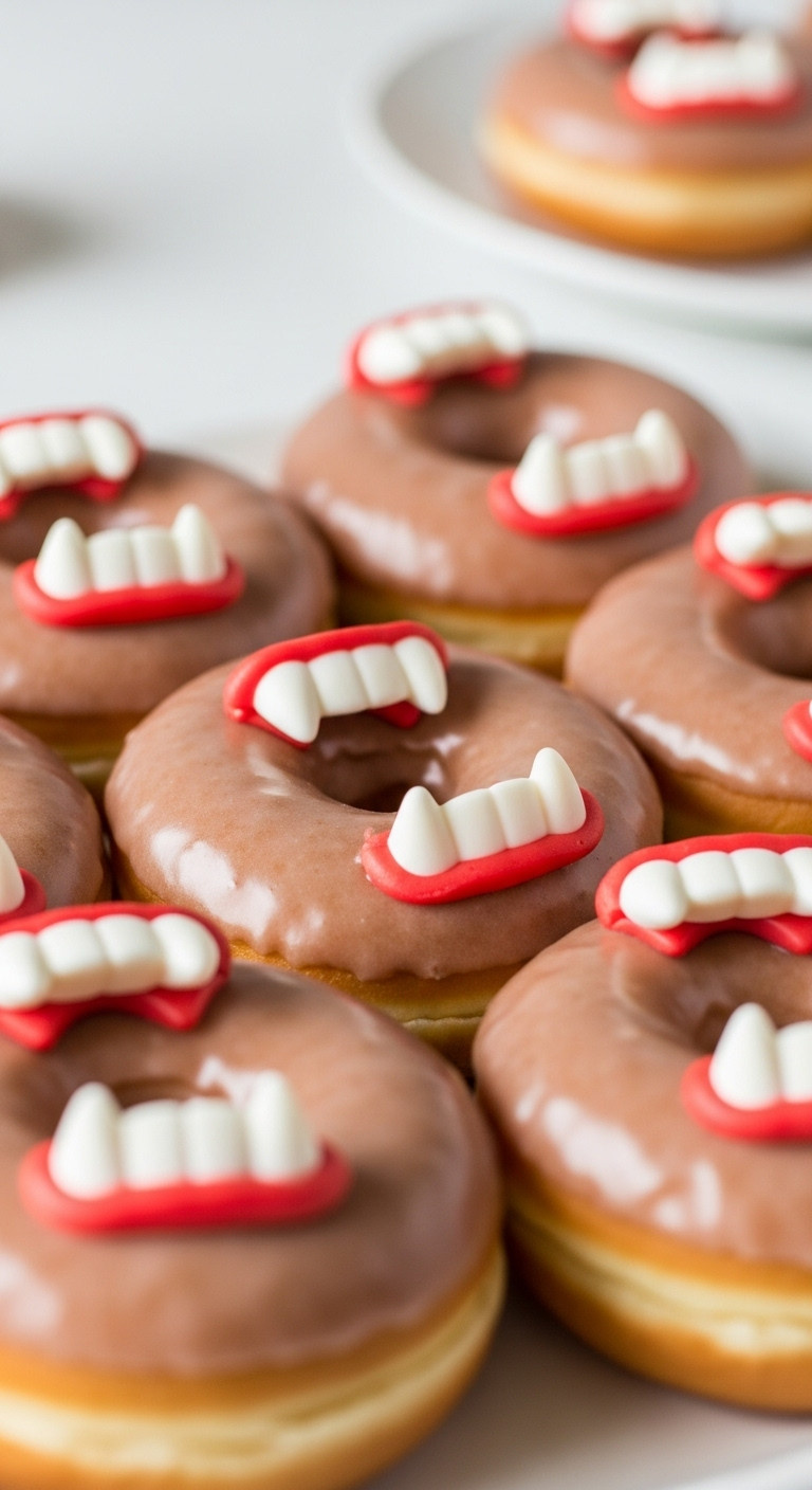 Glazed Donuts With Small, Pointed Vampire Teeth Candy Inserted, Creating A Spooky &Quot;Bite&Quot; For Halloween Parties.