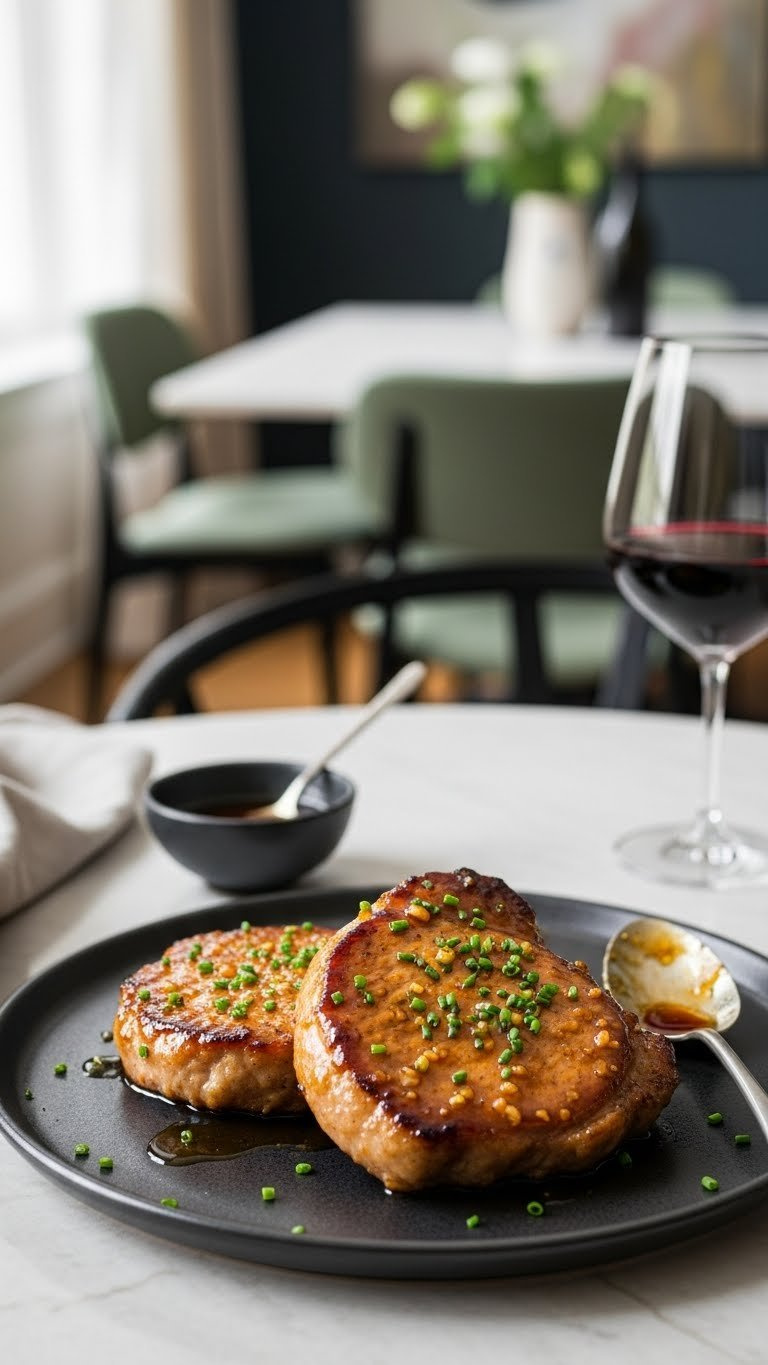 Glazed Pork Chops Shimmering With Sticky Honey-Garlic Sauce Garnished With Chives