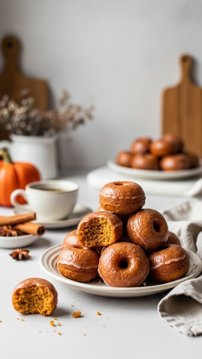 Glazed Pumpkin Spice Donut Holes Stacked On Vintage Ceramic Plate With Coffee Cup