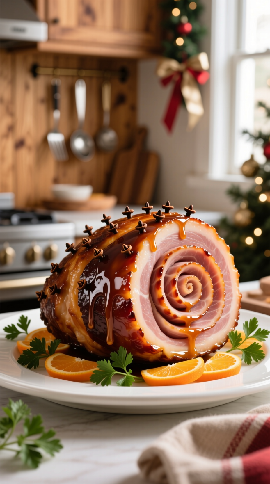 Glazed Spiral-Cut Christmas Ham With Golden-Brown Mahogany Glaze, Cloves, Orange Slices, And Parsley On A White Platter.