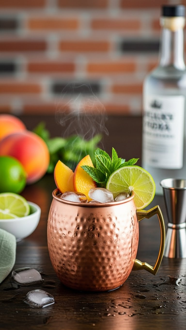 Gleaming Copper Mug Filled With Pale Orange Peach Mule Featuring Peach Slices, Lime Wedge, And Mint Sprig