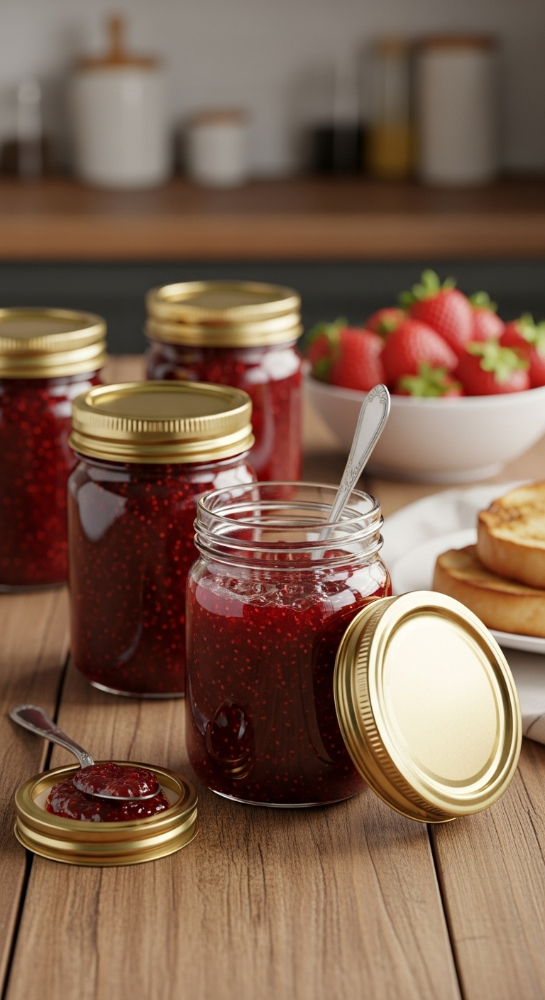 Gleaming Jars Of Vibrant Red Strawberry Jam With A Spoon Showing Thick Texture On A Rustic Wood Table With Fresh Strawberries And Toast