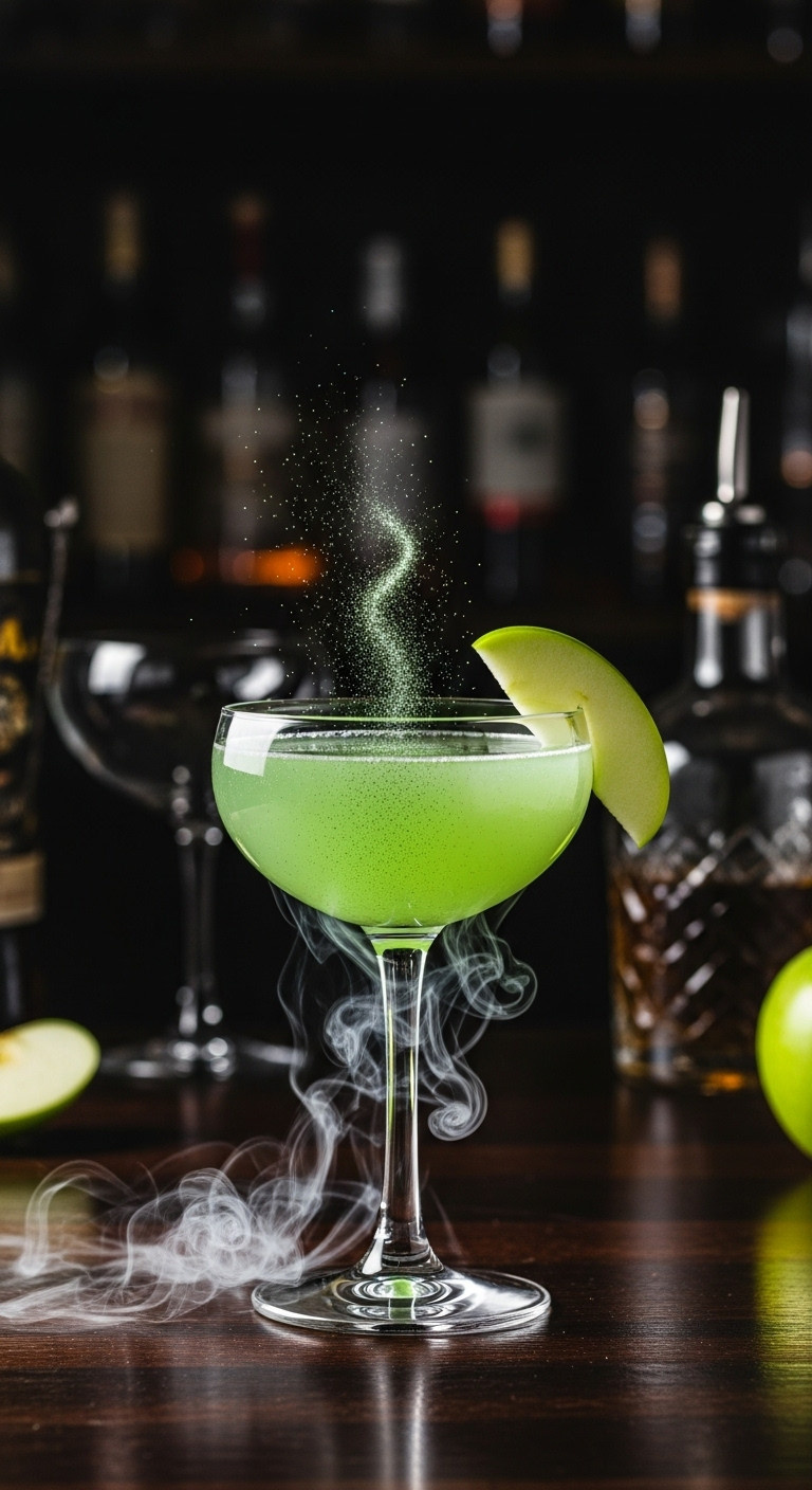 Glimmering Poison Apple Cocktail With Edible Glitter And A Green Apple Slice In A Coupe Glass